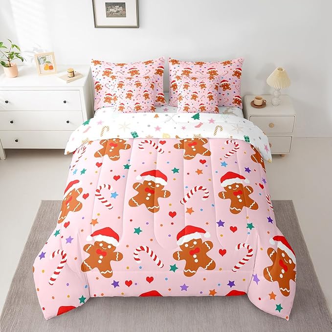 Feelyou Christmas Pink Bed in a Bag Cartoon Christmas Gingerbread Man Comforter Set with Sheets Xmas Theme Bedding Set for Kids Boys Girls Stars Candy Bed Set Decor Queen Size