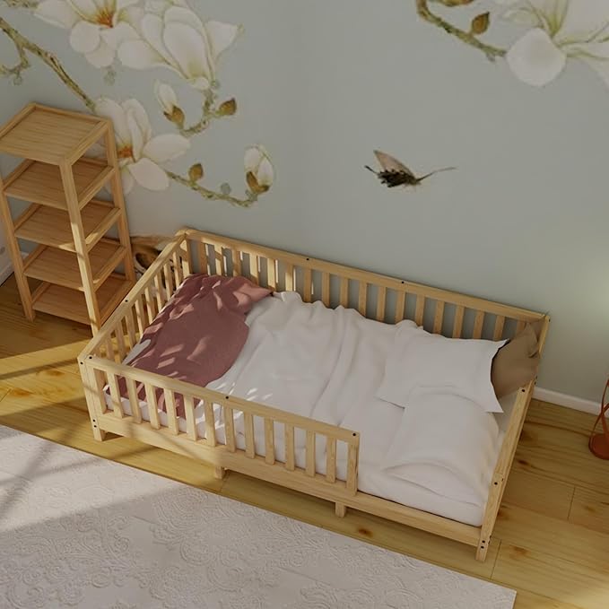 Montessori Floor Bed Designed with Open Front for Girls and Boys | Pine Wood Natural Solid Frame Beds Footed Model with Slats | Sturdy Designed Floor Bed Frame for Kids (Crib, Height : 23 Inches)