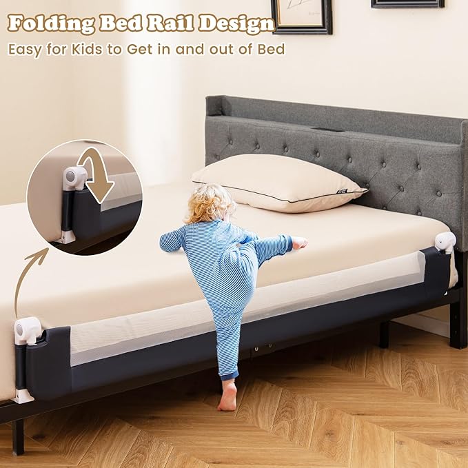 BABY JOY Double Sided Bed Rail Guard, 2 Pack, Extra Long, Swing Down for Convertible Crib, Folding Baby Safety Bedrail for Kids Twin Full Size Queen King Mattress, Rails for Toddlers (Dark Gray, 71")