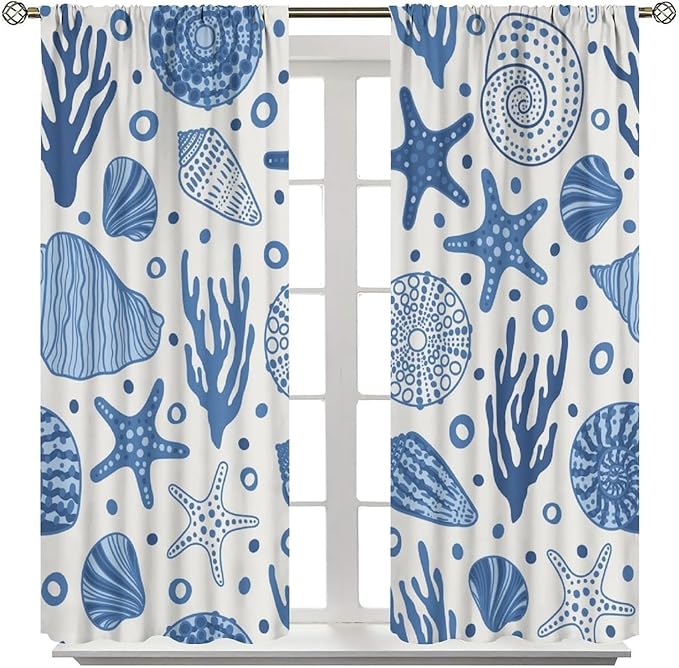 BAEKJIN Coastal Nautical Curtains,Coral Starfish Seashell Beach Sea Starfish Seashell Theme Pattern Print Decor Bedroom Living Room Window Treatmen 11 Panel Set 42x45 Inch