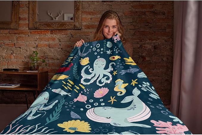 Thuswarm Cute Blue Sea Creatures Octopus Whale Flannel Blanket for Autumn Winter Gifts Warm Cozy Soft Funny Print Throw for Bed Couch Sofa 40”×30” XSmall for Pets