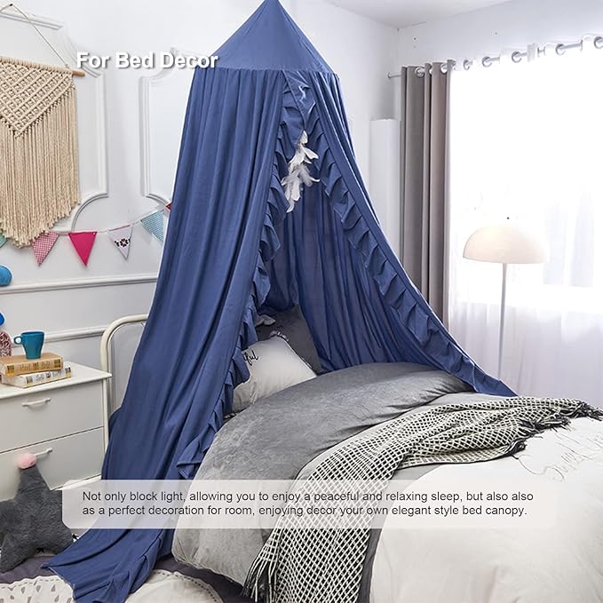 Bed Canopy, Kids Bed Canopies with Lace Bed Room Decor Hanging House Castle Reading Nook Dream Canopy for Girls Princess, Full Queen Size(Navy Blue)