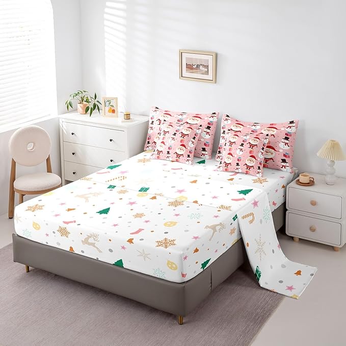 Christmas Bed in a Bag Merry Christmas Snowman Comforter Set with Sheets for Kids Boys Girls Decor Santa Claus Bed Set Kawaii Pink Bedding Set Bedroom Collection Full Size