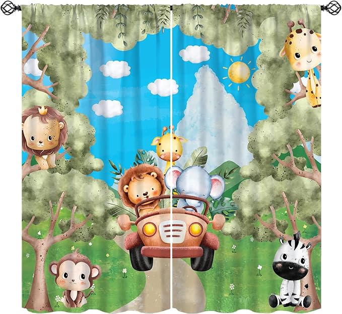 Jungle Animals Curtains, Cartoon Safari Animals Tropical Forest Leaf Window Treatments, Rod Pocket Thermal Insulated Drapes 2 Panel Sets for Kids Bedroom Nursery Classroom, 42" W X 45" L