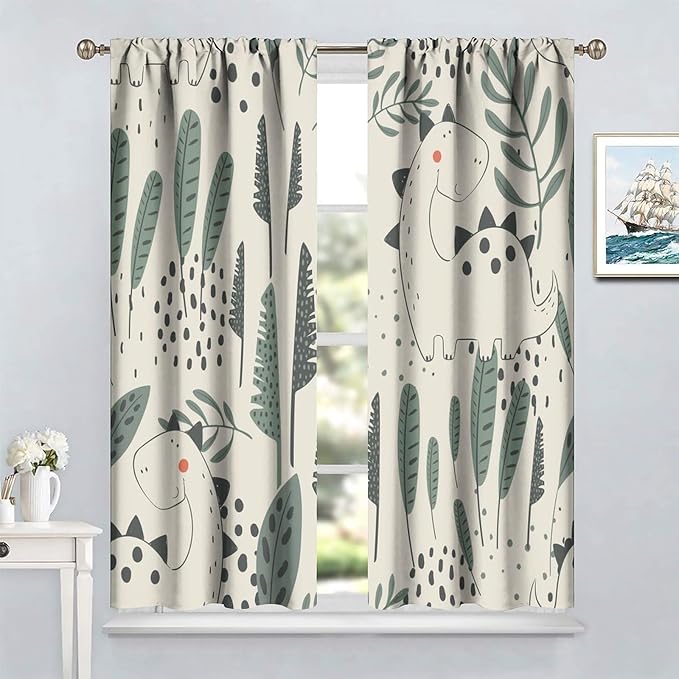 Funny Dinosaur Curtains, Jungle Cute Cartoon Animals Tropical Leaves Plant Beige Green Print Blackout Window Treatments for Kids Boys Girls Bedroom Living Room 84x84in