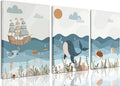 LYPHNX Framed Blue Ocean Nautical Nursery Canvas Wall Art Sea Turtle Whale Animal Painting Picture Set of 3 Kids Prints Poster Wall Decor for Baby Boys Girl Children's Room Bedroom Bathroom 12"x16"
