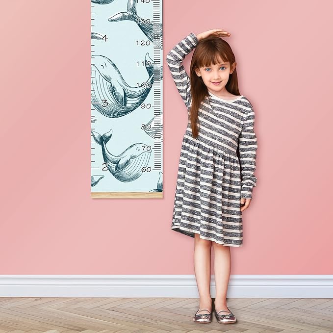 Personalized Kids Name Growth Chart Ruler for Wall Wood Frame Height Measure Chart 13.4x56 in Linen Hanging Height Growth Chart Ocean Dolphin Fish Kids Room Decor