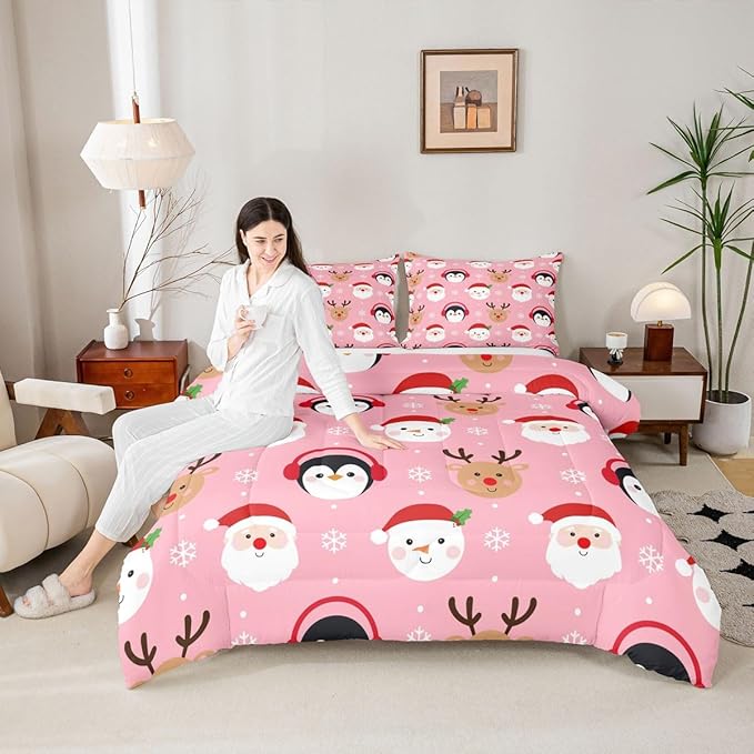 Feelyou Pink Christmas Comforter Set Twin Size Santa Claus Bedding Set for Kids Boys Girls Deer Penguin Duvet Quilt Snowman Bedroom Decor Microfiber 2 Pcs with 1 Pillow Cases