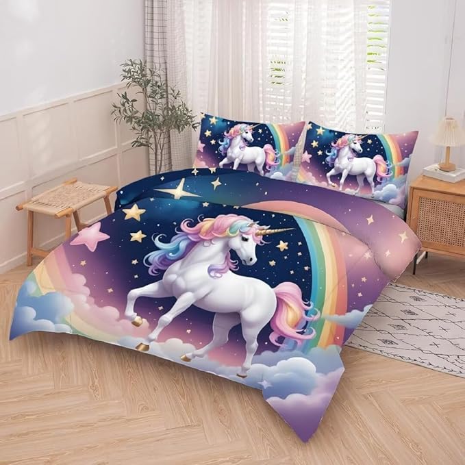 kxry Unicorn Galaxy Comforter Sets Full Size Cartoon Blue Sky Rainbow Bedding Set Star Cloud Bedding Quilt for Kids Teens Girls 1 Comforter+ 2 Pillowcases