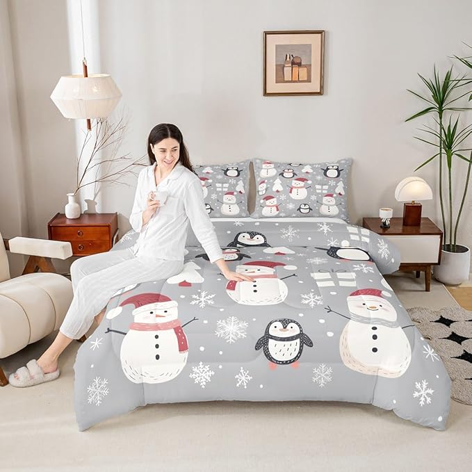 Feelyou Christmas Comforter Set Full Size Snowman Snowflake Bedding Set for Kids Boys Girls Penguin Duvet Quilt New Year Gift Bedroom Decor Microfiber 3 Pcs with 2 Pillow Cases