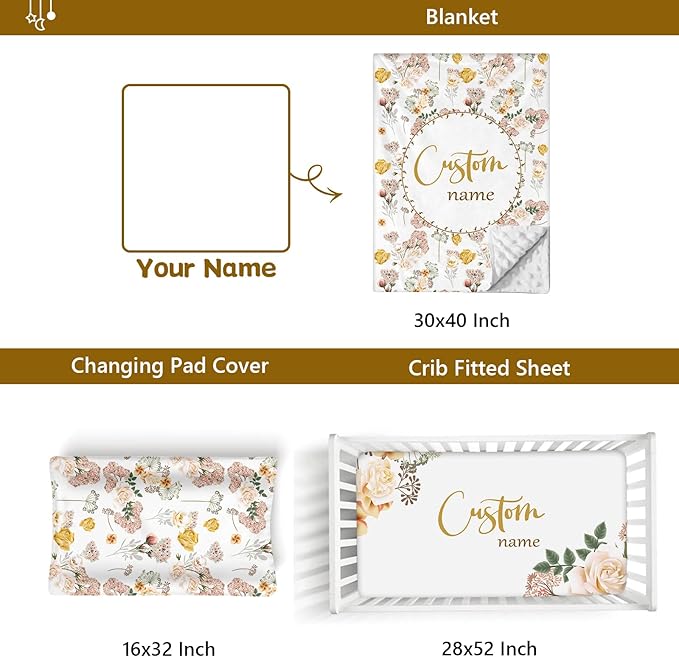 Custom Name Crib Bedding Set, 3 Pcs Personalized Baby Crib Bedding Set, Soft Flower Nursery Crib Sets for Boys Girls, Double Layer Toddler Bedding Set Customized Gifts for Newborn Kids