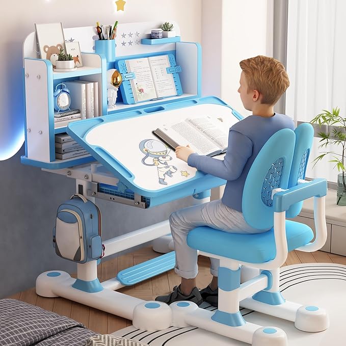 Upgraded Kids Desk and Chair Set,50 Degree Tiltable&Height Adjustable Ergonomic Study Table with Posture Corrector & Dual Back Support, 3-18 Years Adjustable Children's Desk Set with Storage Blue
