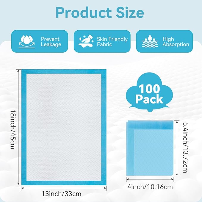 100 Pack Disposable Changing Pad, Super Absorbent Disposable Underpads, Waterproof Leak Proof Diaper Changing Pads, Breathable Incontinence Pad for Adult Child Baby Pets, 13X18 Inch, Blue