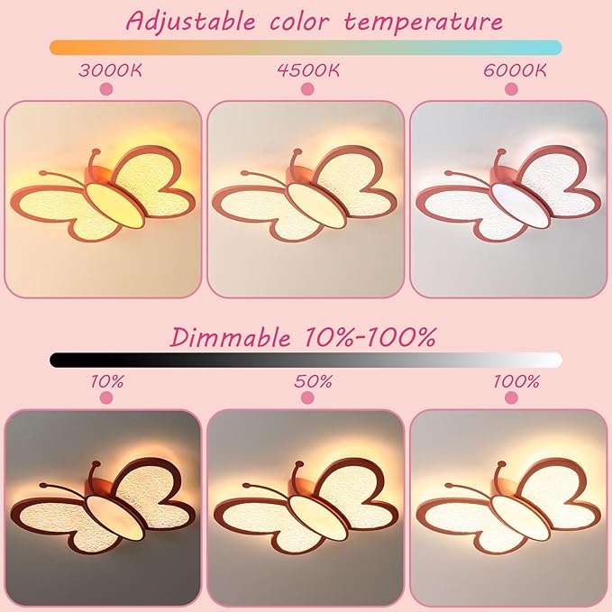 Dimmable LED Flush Mount Ceiling Light Fixture with Remote Control, 18.7Inch 36W Pink Butterfly Modern Ceiling Lamp for Girl Room Baby Kids Room Bedroom Nursery Dining Room Kitchen