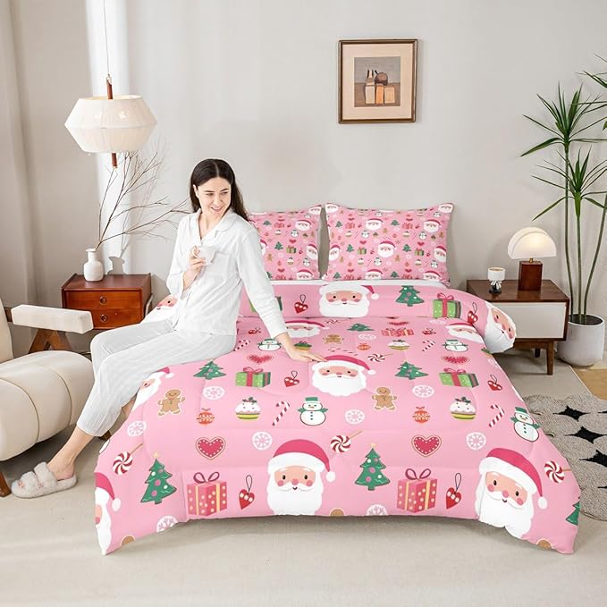 Feelyou Santa Claus Kids Comforter Set Twin Size Christmas Decor Bedding Set New Year Gift Duvet Quilt for Kids Boys Girls Bedroom Merry Christmas Decor Microfiber Ultra Soft Breathable