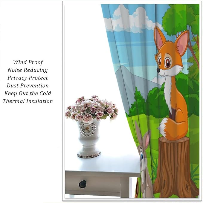 Safari Animal Curtains for Kids Cartoon Woodland Wildlife Jungle Animals Window Treatments for Boys Girls Bedroom Cute Fox Forest Nursery Children Drapes for Living Room W63xL63
