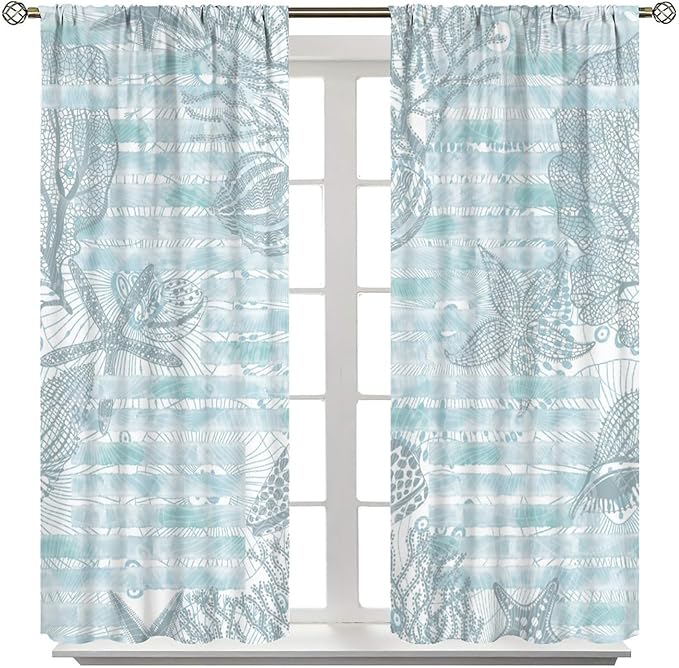 Starfish Curtains，Starfish and Seashells Coastal Curtain Ocean Themed Underwater Marine Decor Waterproof Fabric Curtain Set 2 Panels,55x63 Inches