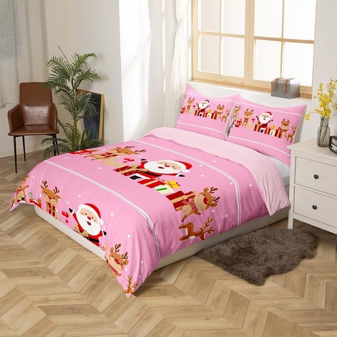 Christmas Bedding Duvet Cover Set Kids Cartoon Santa Claus Bedding Set Boys Girls Deer New Year Decor Comforter Cover Set Microfiber Gift Boxes Xmas Theme Bedspread Cover Bedroom Bedclothes Queen Size