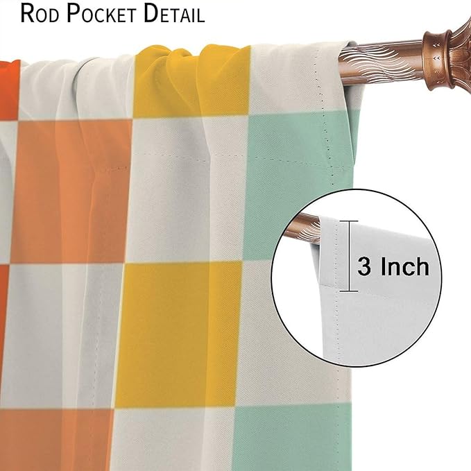 70s Retro Curtains,Cute Green Pink Yellow Checkered Hippie Window Treatments for Kids Girl Bedroom Window 42"" W X 63"" L, Style-7