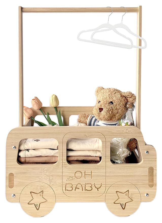 fun-plus Baby Shower Crate Closet, Bus Shape Baby Shower Basket with Handle Baby Storage Crate, Wooden Crate for Pregnancy New Parent (Bamboo made)
