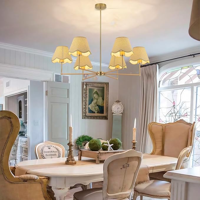 33.5in Farmhouse Rattan Chandelier Gold Large Pendant Light Fixture with Wicker Lampshade Boho Chandeliers for Living Room Dining Room Bedroom Entryway Kitchen Island