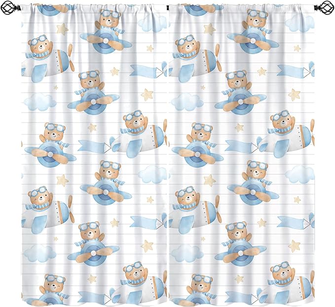 Cartoon Bear Curtains, Lovely Bear Adventure Airplane Blue White Stripe Window Treatments, Rod Pocket Thermal Insulated Drapes 2 Panel Sets for Kids Bedroom Nursery Classroom, 42" W X 45" L