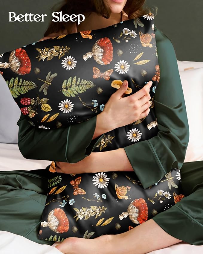 Silk Pillowcase 2 Pack - Pillow Cases 20" x 30" Queen Size Set of 2 for Hair and Skin Smooth Soft Breathable with Hidden Zipper Cooling Pillow Covers for Sleeping,Mushroom Plants