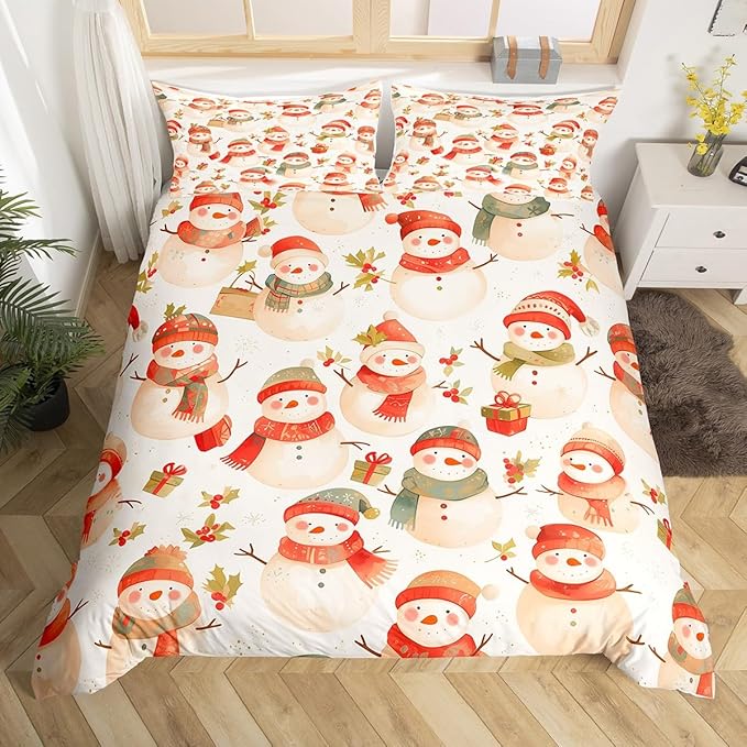 Manfei Cute Snowman Duvet Cover Set King Size, Christmas Theme Bedding Set for Kids Kids Girls Room Decor, Western New Year Comforter Cover, Lightweight Bedspread Cover, 2 Pillowcases, No Comforter