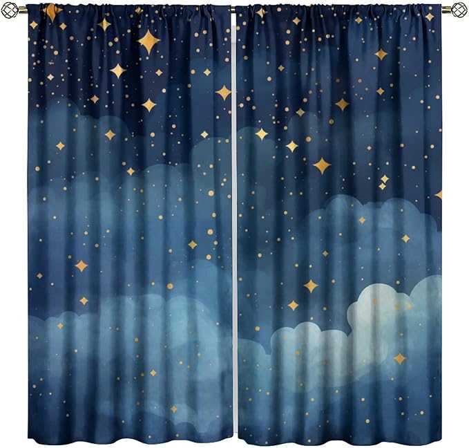 Night Sky Stars Curtain for Kids, Blue Starry Space Galaxy Pattern Window Treatments for Boys Girls Bedroom Toddlers Room Living Room 72" W X 63" L