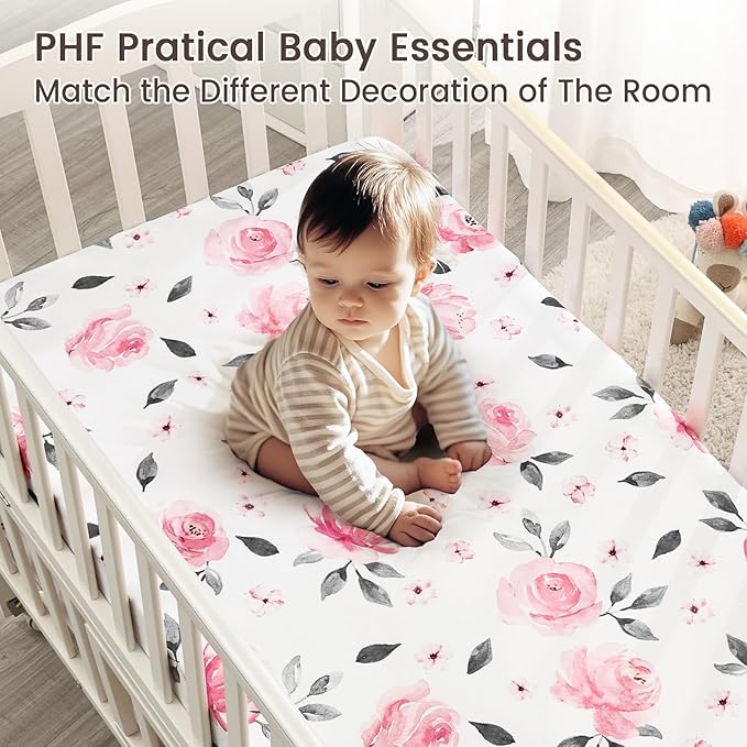 PHF Soft Crib Sheet Fitted, 2 Pack Baby Sheets for Girls, 28x52x9in Fits Standard Crib and Toddler Mattresses, Silky Comfy Breathable Polyester Baby Mattress Sheets, Pink Floral
