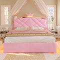 MSmask Full LED Bed Frame with Storage Headboard & 2 Storage Drawers, Princess Upholstered Bed with Charging Station & Crystal Button & Crown, Velvet Platform Bed for Girls, Curved Legs, Pink