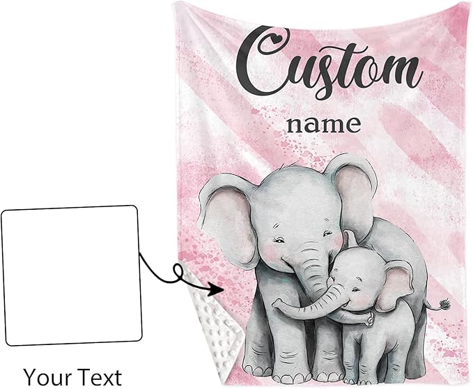 Custom Name Crib Bedding Set 3-Piece – Pink Elephant Design Baby Bedding Set with Personalized Soft Blanket, Fitted Sheet, Changing Pad Cover – Ideal Newborn Gift for Boys and Girls