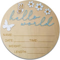 Hello World Newborn Sign - 5.9” Round Wooden Baby Announcement Sign with 3D Butterfly & Flowers - Keepsake Birth Gift for Baby Boy’s First Day, Hospital, Shower, or Nursery Décor (Blue)