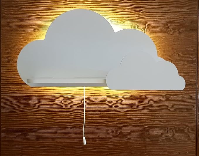 BugyBagy Cloud Wall Shelf – Decorative Wooden Floating Shelf for Nursery, Kids Room – Multiple Colors & Light Options (White Cloud Shelf - with Light)