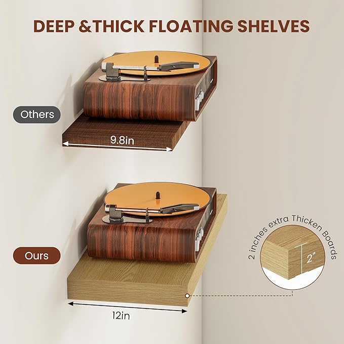 Vivelove 12 Inch Deep Floating Shelves 48 inch Long, 2 Inch Thick Wall Shelves with Invisible Brackets, Shelf for Bedroom Bathroom Living Room Kitchen Office Home Decor, Modern Shelf Set of 2, Oak