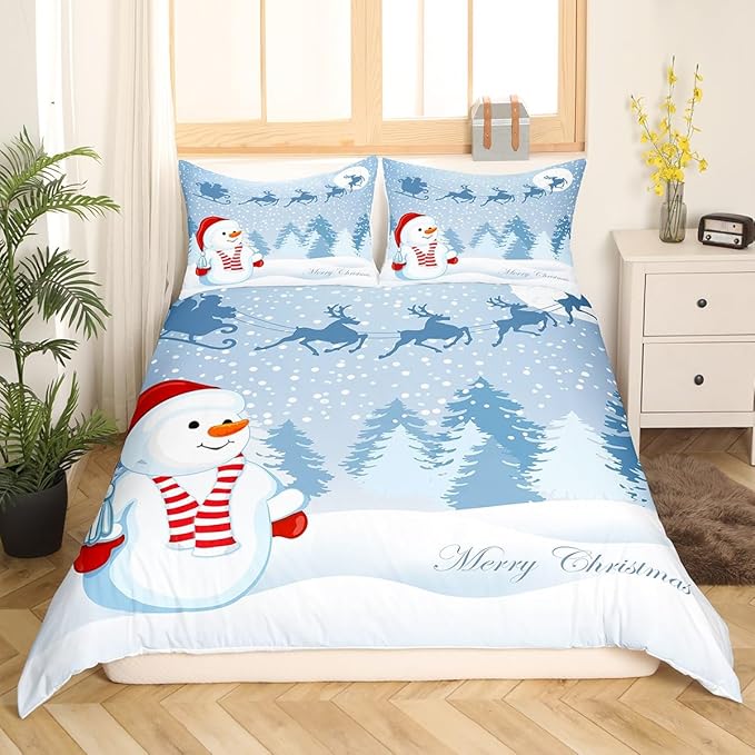 Manfei Snowman Duvet Cover Set Twin Size, Xmas Deer Trees Print Comforter Cover with 1 Pillowcase, Winter Snowflake Merry Christmas Bedding Set 2pcs for Kids Boys Girls Bedroom Decor,No Comforter