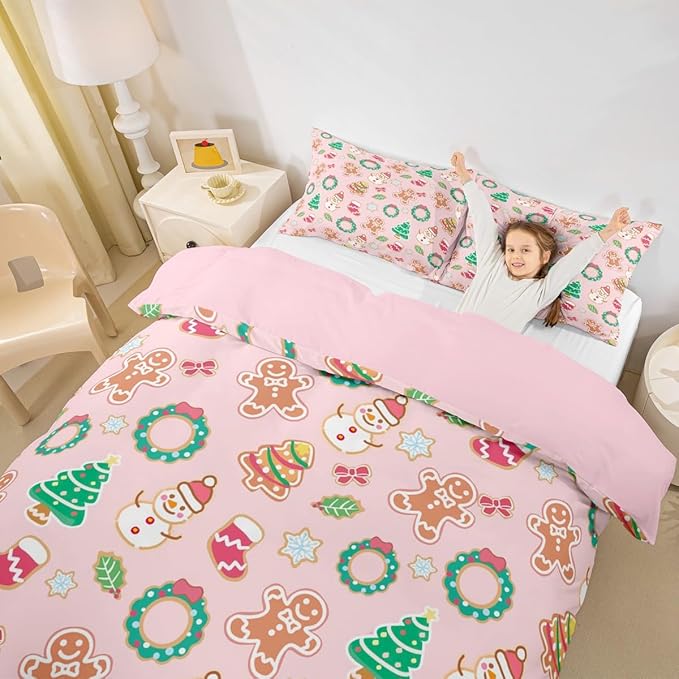 Feelyou Christmas Comforter Cover Cartoon Snowman Christmas Tree Bedding Set Gingerbread Man Xmas Theme Duvet Cover for Kids Boys Girls Microfiber Pink Bedspread Cover Room Decor Bedclothes Toddler