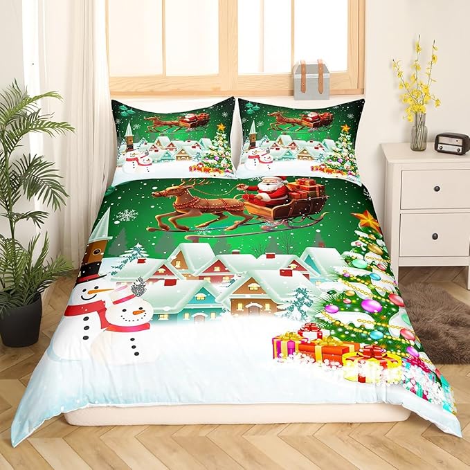 Manfei Christmas Duvet Cover Set Queen Size, Snowman Xmas Tree Comforter Cover with 2 Pillowcases, Santa Claus with Deer Bedding Set for Kids Boys Girls New Year Theme Bedspread Cover, No Comforter