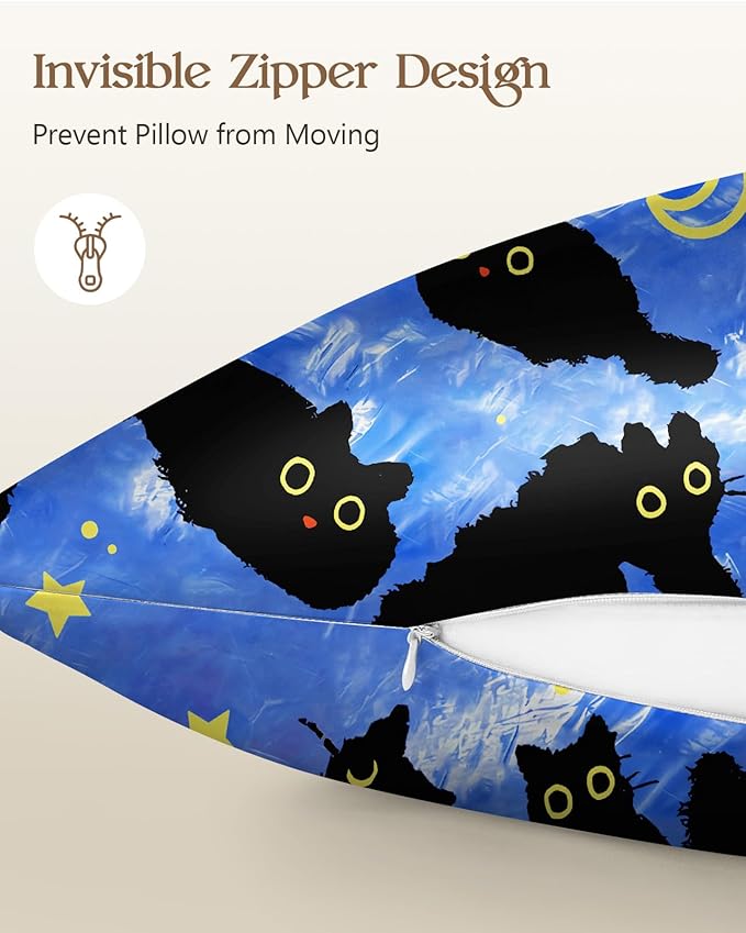 Silk Pillowcase 2 Pack - Pillow Cases 20" x 36" King Size Set of 2 for Hair and Skin Smooth Soft Breathable with Hidden Zipper Cooling Pillow Covers for Sleeping, Blue Moon Cat