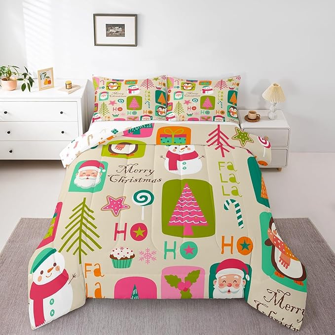 Erosebridal Xmas Decor Quilts Kids Santa Claus Christmas Tree Comforter Set Boys Girls Bedroom, Cartoon Snowflake Bedding Set Cute Snowman Down Comforter Twin Size