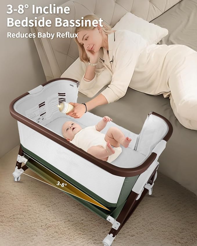 4 in 1 Baby Bassinet, Bassinets Bedside Sleeper with Wheels and Storage Basket, Adjustable 7 Heights Bedside Sleeper with Mosquito Net, Breathable Mesh Rocking Bassinet for Baby