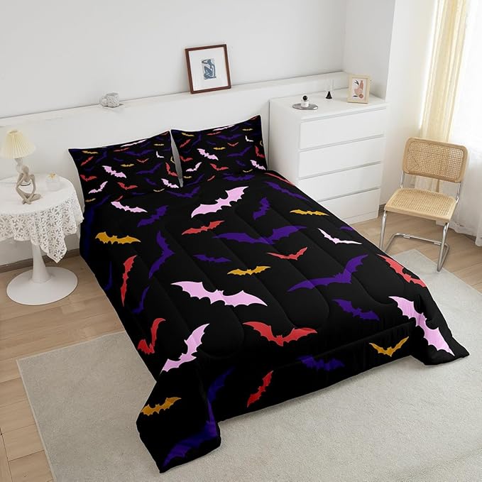 Erosebridal Bat Bedding Set King Size for Kids Children Happy Halloween Comforter Set Flying Bat Quilt Gothic Spooky Down Comforter with 2 Pillow Cases,Purple and Pink