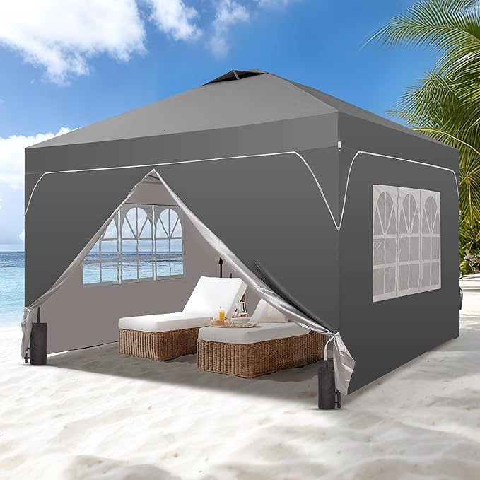 GDY 12x12FT Pop Up Canopy Tent with One Push Setup, Easy to Install with 4-Sidewalls for Events, Parties, Camping, Outdoor Gazebo with 4-Sandbags, Grey.