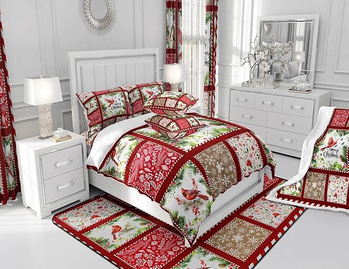 Castle Fairy Merry Christmas Comforter Set King Size,Xmas Patchwork Watercolor Cardinal Bird Bedding Set All Season Quilt Set,Floral Leaves Snowflakes Plaid Microfiber Polyester Down Comforter