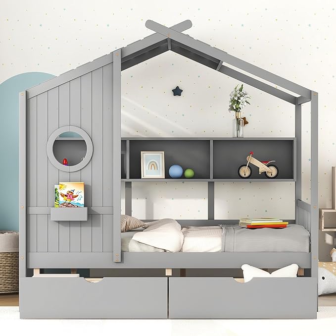 Bellemave Full Size House Bed with 2 Storage Drawers,Kids Bed with Storage Shelves,Wooden House Bed Frame for Girls,Boys,Can be Decorated,Gray
