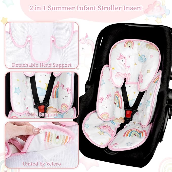Pea Pod Summer Infant Car Seat Insert, 2 in 1 Baby Car Seat Head Body Support for Newborn Upgrade Mesh Baby Car Seat Insert Stroller Cushion for Boys Girls, Extra Soft and Breathable, Unicorn