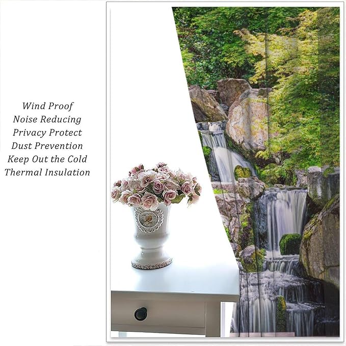 View Waterfall Blackout Curtains, Forest Waterfall Retro Style Natural Scenery Garden Art Landscape Rod Pocket Window Drapes, for Living Room Bedroom 55" W X 63" L