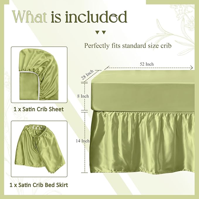 SiinvdaBZX 2-Piece Set Satin Crib Sheets & Crib Bed Skirt, 52" x 28" Silky Soft Ruffled Baby Crib Skirt with Adjustable Elastic 14" Drop, Fit for Standard Crib & Toddler Bedding (Sage Green)