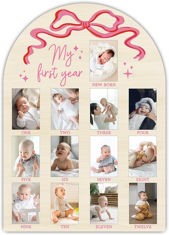 My First Year Milestone Photo Board, One Year of Wood Photo Board, 12 Monthly Baby Picture Frame, Pink Bow Nursery Decor, Girl Boy 1st Birthday Decorations, Baby Shower Keepsake Best Gift-A16