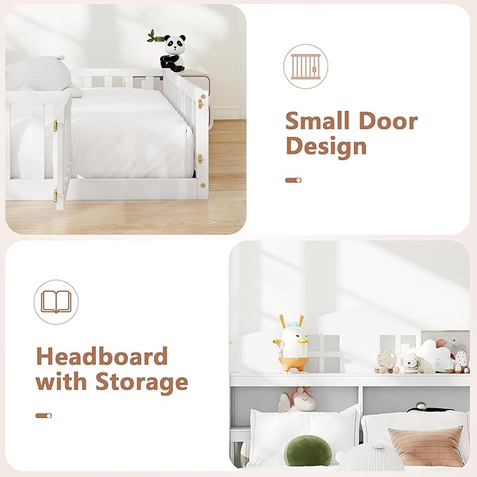 mikibama Full Floor Bed for Kids, Wooden Montessori Bed Frame with Headboard Bookcase, Storage Shelves & Safety Fence Rails, Kids Floor Bed Frame with Door for Girls, Boys, White